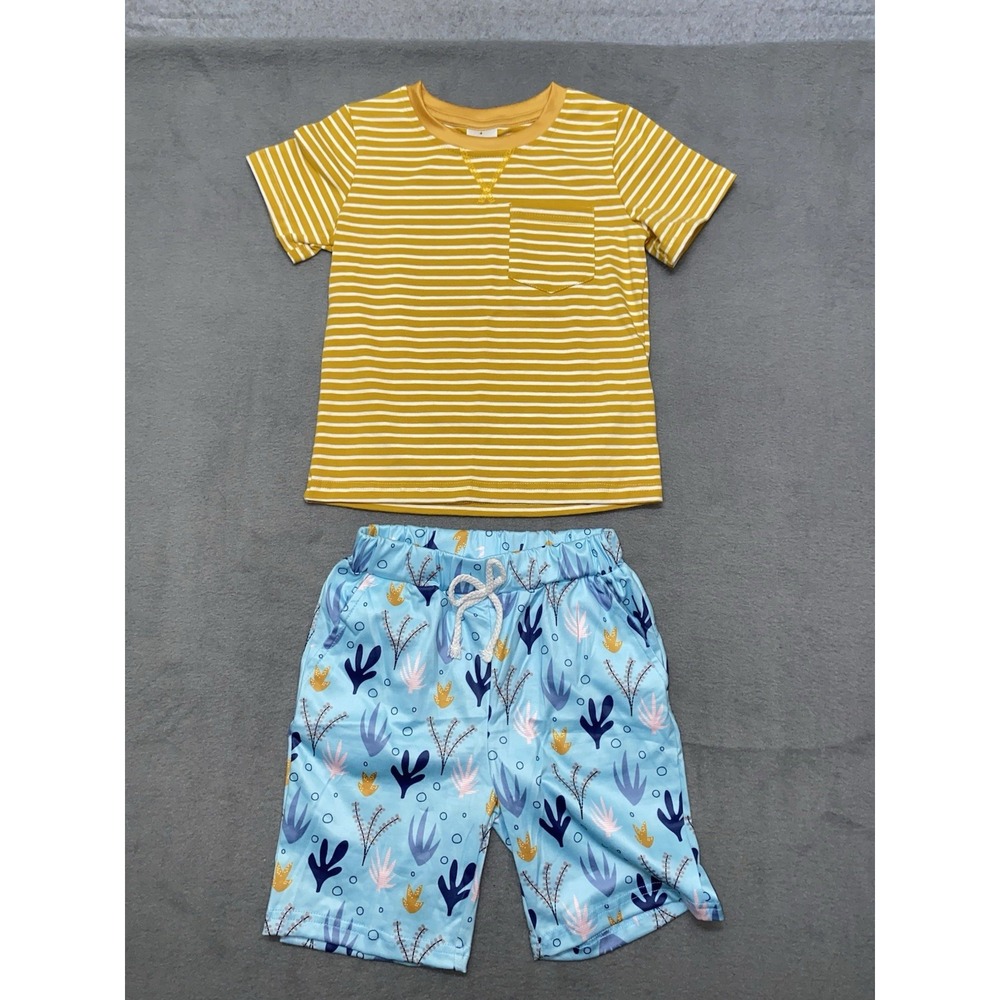 NWOT Boys Set Size 4T Shorts & T Shirt Beachy Yellow Blue And AOP Shorts